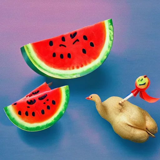 Prompt: A depressed water melon feeding ducks with candy