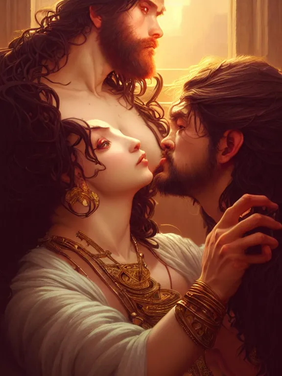 Image similar to samson and delilah, coveted, beautiful and aesthetic, intricate, unreal engine, messy hair, highly detailed, detailed face, smooth, sharp focus, chiaroscuro, renaissance illustration, artgerm, greg rutkowski, ilya kuvshinov, rossdraws, alphonse mucha, young adult light novel cover art