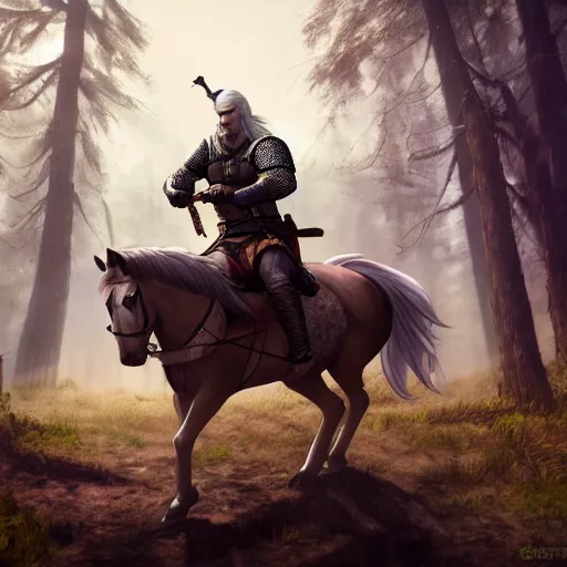 Image similar to Geralt of Rivia riding a horse in forest, 4k, artstation, cgsociety, award-winning, masterpiece, stunning, beautiful, glorious, powerful, fantasy art