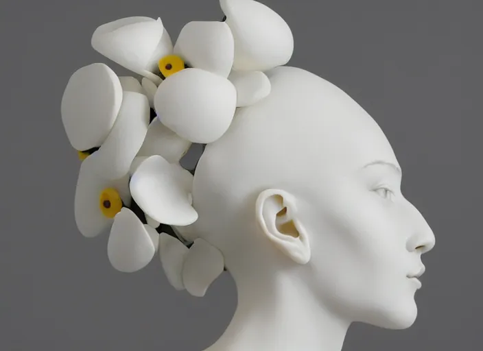 Image similar to full head and shoulders, beautiful female porcelain sculpture by daniel arsham and raoul marks, smooth, all white features on a white background, delicate facial features, white eyes, white lashes, detailed white 3 d giant poppies on the head