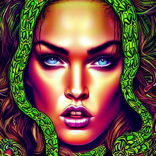 Prompt: an extremely psychedelic portrait of megan fox as medusa, surreal, lsd, face, detailed, intricate, elegant, lithe, highly detailed, digital oth, sharp focus, illustration,