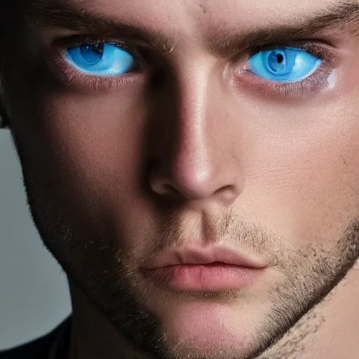 Prompt: a male model with blue shining eyes, frontal view, cool looking