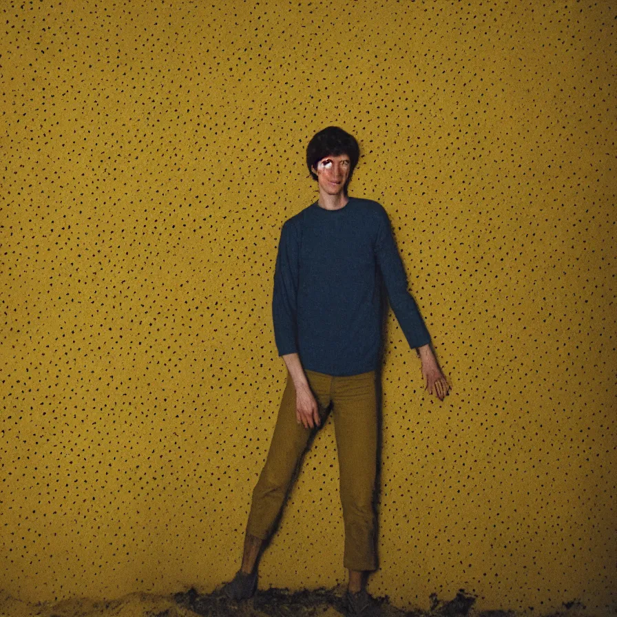 Image similar to 7 0 s movie still large shot of a skinny man with trypophobia in a yellow wall soviet tunnel, cinestill 8 0 0 t 3 5 mm eastmancolor, heavy grain, high quality, high detail