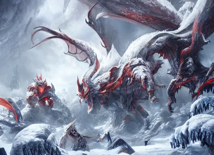 Prompt: a group of heroes in a snowy landscape next to a huge terrifying white dragon, intricate detail, indie game concept art, 8 k render, chaotic battle, trending on artstation