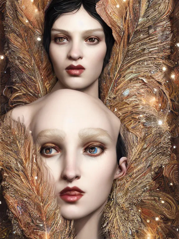 Prompt: realistic 3d character render of a beautiful woman, veiled, embellished sequined,feather-adorned,by tom bagshaw,Cedric Peyravernay,William Holman Hunt,William Morris,Catherine Nolin,metropolis,Gucci,Dior,intricate, elegant, highly detailed, digital painting, artstation, concept art, smooth, sharp focus, illustration,maximalist,glittering,feminine