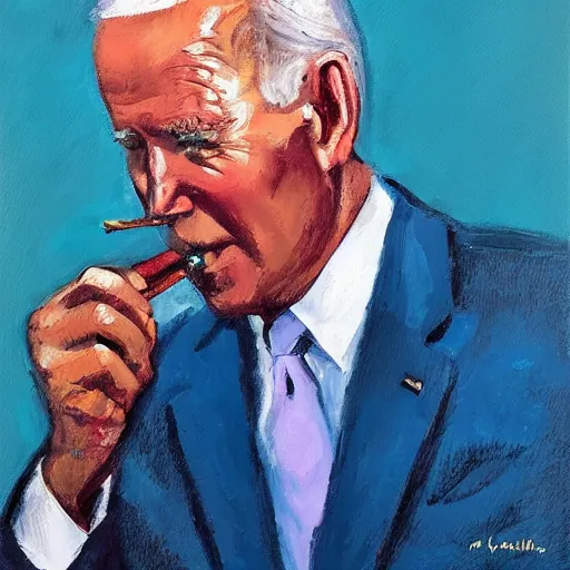 Image similar to oil painting of joe biden smoking a cigar, bright, pastel turquoise background, impressionist colors