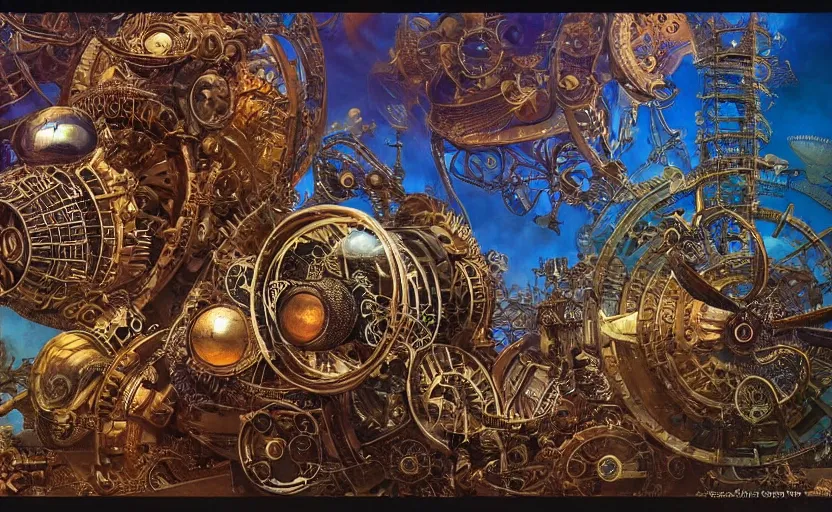 Prompt: “a psychedelic steampunk music machine made of intricate gears and industrial machine parts, by Vladimir kush , by Roger dean, By syd mead, by josip csoor, 8k resolution, realistic shadows, 3D, rendered in octane, volumetric lighting, hyper detailed, photorealistic, psychedelic”