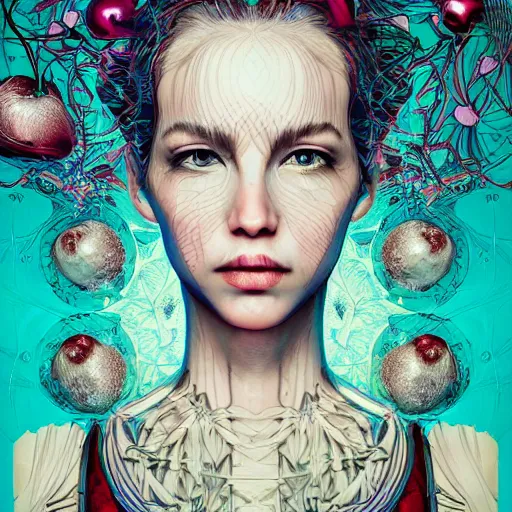 Image similar to the portrait of an incredibly beautiful woman partially made of onions and cherries, an ultrafine detailed illustration by james jean, final fantasy, intricate linework, bright colors, behance contest winner, vanitas, angular, altermodern, unreal engine 5 highly rendered, global illumination, radiant light, detailed and intricate environment