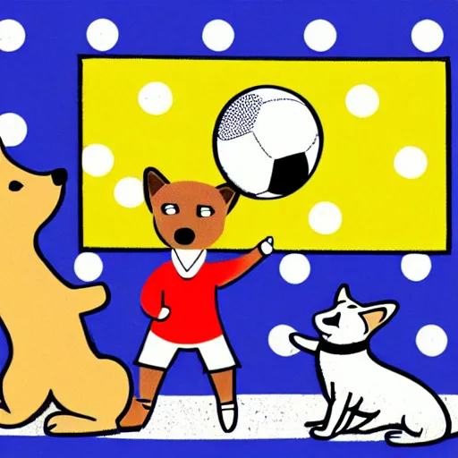 Image similar to illustration of french boy in paris playing football against a corgi, the dog is wearing a polka dot scarf