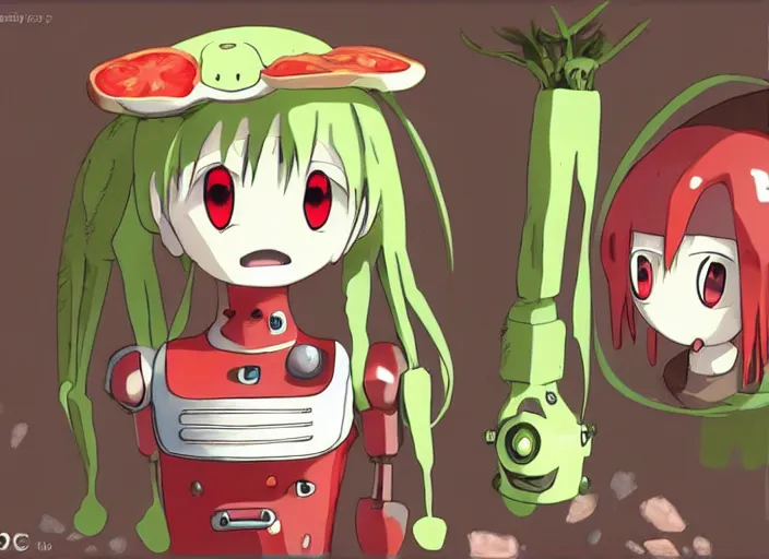 Prompt: cute robot with tomato head, made in abyss style