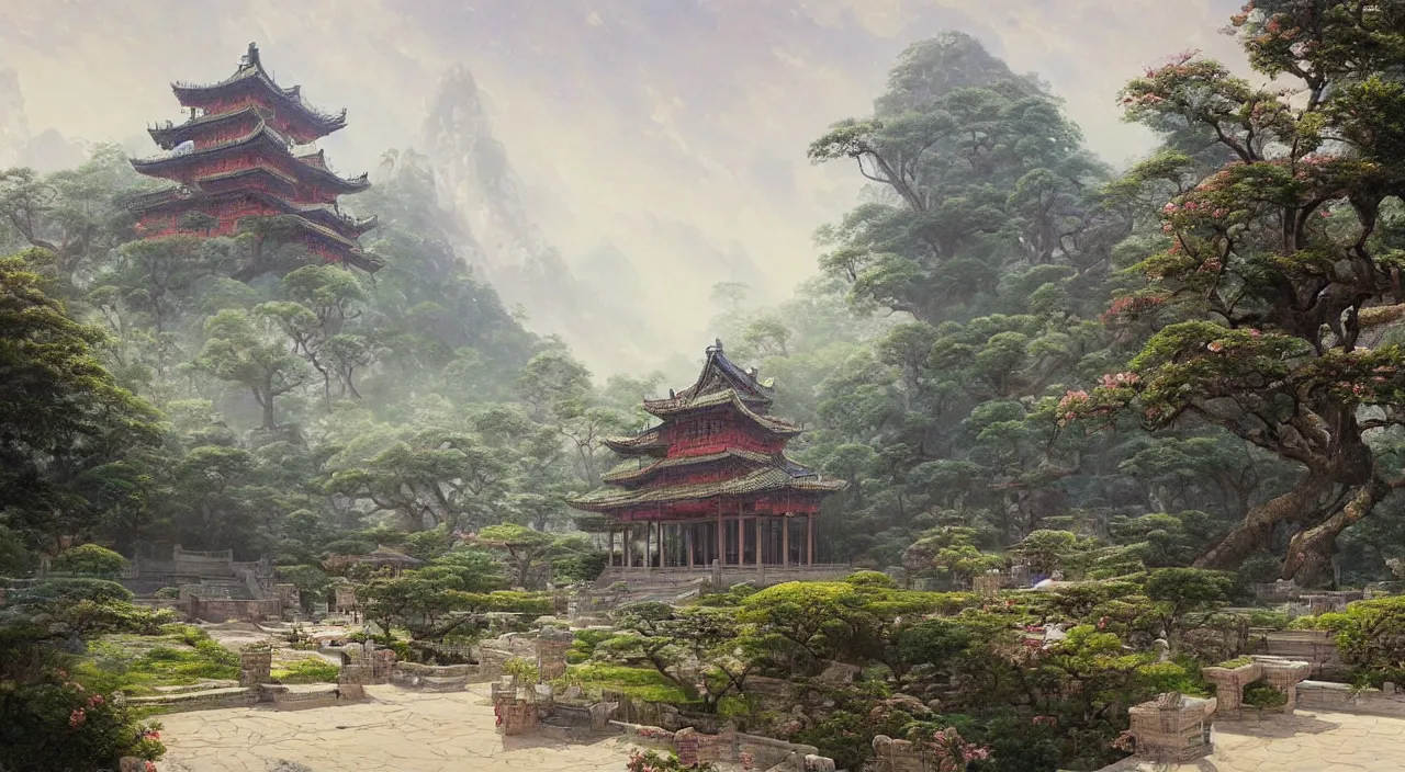 Prompt: a beautiful painting of a singular ancient Chinese palace, with a garden, by greg rutkowski and thomas kinkade