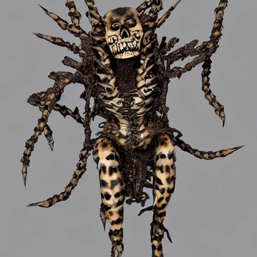 Image similar to Skull that look too much like skull!, crypt lurker!!, grasp of darkness!!!, 8k CG character rendering of a spider-like hunting female on its back, fangs extended, wearing a leopard-patterned dress, set against a white background, with textured hair and skin.