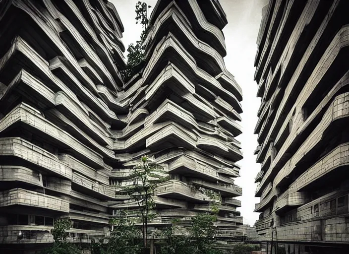 Image similar to “ brutalist architecture surrounded by a neon forest ”