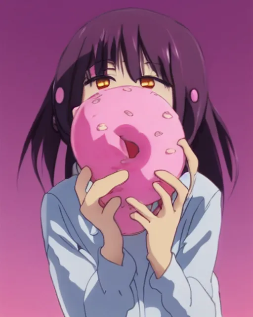 Image similar to a pig eating a pink frosted donut, full shot, visible face, ambient lighting, detailed, very modern anime style, art by hayao miyazaki, makoto shinkai