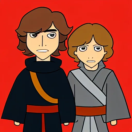 Image similar to cartoon of anakin skywalker and luke skywalker standing proudly shoulder to shoulder