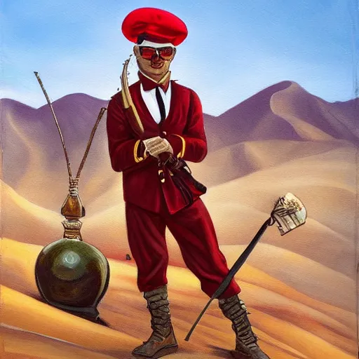 Prompt: a painting of a solidier with sunglasses, red ascot and a field cap, holding a hand grenade in the desert high details