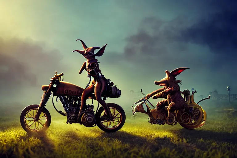 Image similar to A goblin riding a steampunk motorcycle on a dirt road in a meadow, volumetric light, studio lighting, hyperdetailed, artstation, cgsociety, 8k