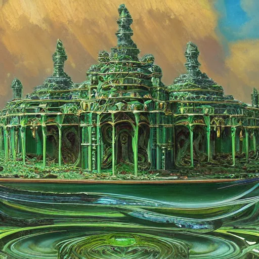 Prompt: an oil painting by michael whelan and donato giancola of a palace made of green, polished, swirling malachite and jade