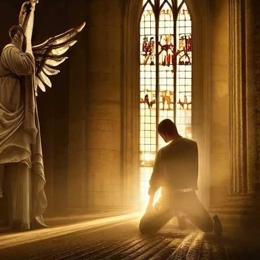 Image similar to angel protecting man who is praying inside a gothic church, studio light, 4K highly detailed, realistic style, playing with with light and dark