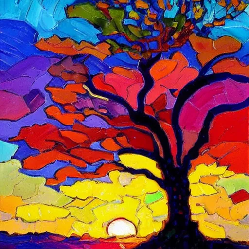 Image similar to a painting of a tree in the sunset, a gouache by Erin Hanson and RHADS, deviantart, neo-fauvism, fauvism, impressionism, vivid colors, rich color palette, acrylic art