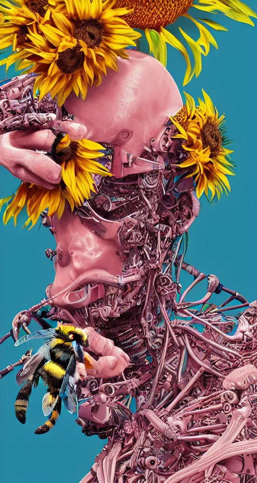 Prompt: cinema 4d colorful render, organic, ultra detailed, of a painted realistic bumble bee with growing sunflowers , scratched. biomechanical cyborg, analog, macro lens, beautiful natural soft rim light, smoke, veins, neon, winged insects and stems, roots, fine foliage lace, pink and pink details, Alexander Mcqueen high fashion haute couture, art nouveau fashion embroidered, intricate details, mesh wire, computer components, motherboard, floppy disk eyes,mandelbrot fractal, anatomical, facial muscles, cable wires, elegant, hyper realistic, in front of dark flower and feather pattern wallpaper, ultra detailed, 8k post-production