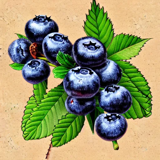 Image similar to botanical drawing of blueberry kush. Traditional art. Rustic. Nordic. 4K. Trending on artstation. Detailed Bushy. Nature. Artistic.