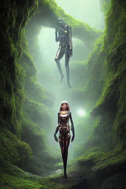 Image similar to a half body portrait of a futuristic steampunk female astronaut full body, symetrical young face steampunk astronaut walking inside a very lush mossy cave by Bastien Lecouffe-Deharme and marc simonetti natural volumetric lighting, realistic 4k octane beautifully detailed render, 4k post-processing