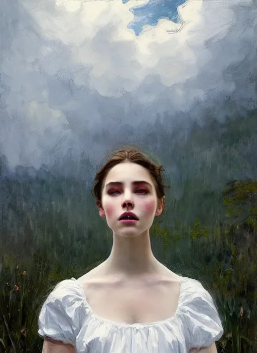 Image similar to portrait of girl dressed in white clothes , countryside, fantasy character portrait, dynamic pose, above view, view from above, sunny day, thunder clouds in the sky, artwork by Jeremy Lipkin and Giuseppe Dangelico Pino and Michael Garmash and rob rey, very coherent symmetrical artwork, perfect face, simple form, 100mm