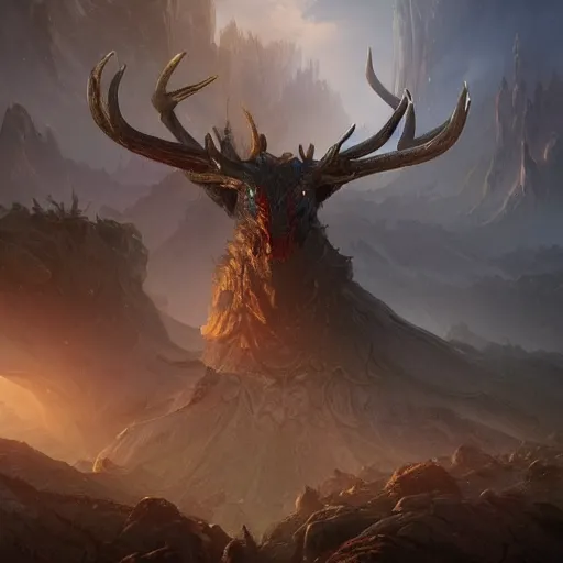 Prompt: giant warrior stag in a vortex of rock, 8 k resolution matte fantasy painting, cinematic lighting, eyes, deviantart artstation, jason felix steve argyle tyler jacobson peter mohrbacher