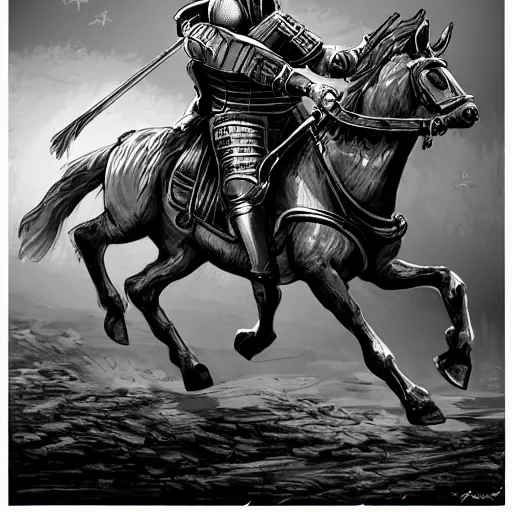Image similar to A knight on a horse fighting a tank. Highly detailed. digital illustration. In the style of Veronique Meignaud.