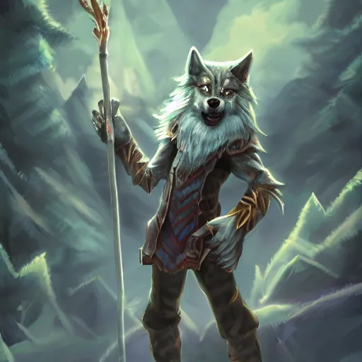 Image similar to wizard is holding a staff as a wolf, dynamic pose, chromatic aberration, medium level shot, fantasy, illustration, concept art,