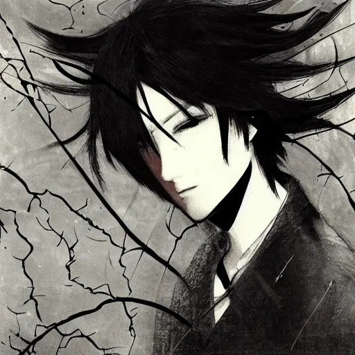 Image similar to Yoshitaka Amano blurred and dreamy illustration of an anime man with black short hair fluttering in the wind and cracks on his face, abstract black and white patterns on the background, noisy film grain effect, highly detailed, Renaissance oil painting, weird portrait angle