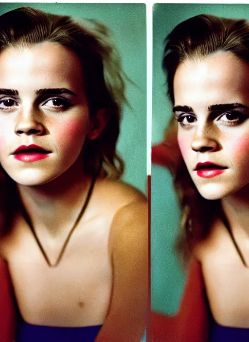 Prompt: Retro color photography 1990s portrait Hollywood headshot of Emma Watson Cinestill 800T, 1/2 pro mist filter, and 65mm 1.5x anamorphic lens