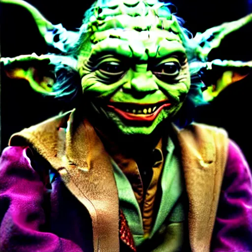 Prompt: uhd photorealisitc candid photo of yoda as the joker. correct makeup. correct face, accurate face. photo by annie leibowitz and steve mccurry