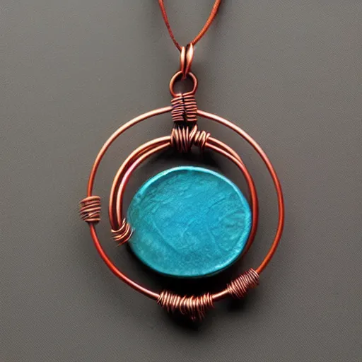 Image similar to a beautiful circular pendant made from sand and dirt, that is bound together by copper wire