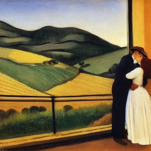 Image similar to a couple kissing, behind them is a window that shows a hilly landscape with vineyards, hopper