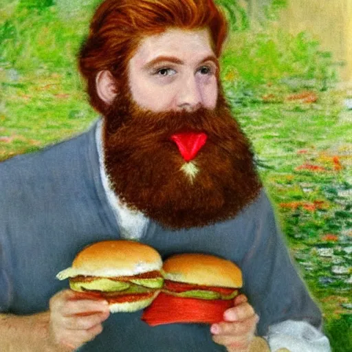 Image similar to ginger young handsome man with beard eating hamburger happily by monet