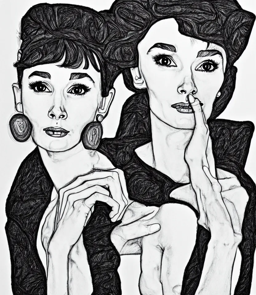 Image similar to gracefully detailed line art portrait of audrey hepburn, inspired by egon schiele.