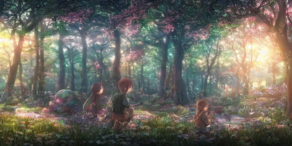 Image similar to the aesthetic view of the beautiful, grand, wistful, dreamy hidden forest at dusk, hyperrealistic anime illustration by iralki nadar, colorful, extremely detailed, intricate linework, super sharp focus, bright colors, octopath traveler, studio ghibli, unreal engine 5 highly rendered, global illumination, radiant light, detailed and intricate environment