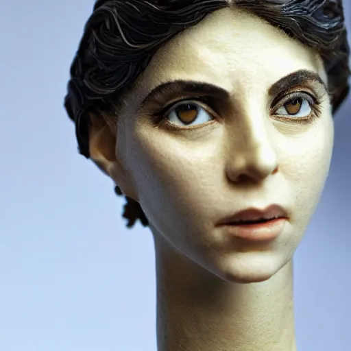 Prompt: photo taken of an epic intricate, ultra detailed, super realistic bust of a young majestic gracious regal beautiful aristocratic female vampire stop motion puppet created by weta workshop, menacing, some zoomed in shots, photorealistic, sharp focus, white wall, extremely cold blueish colour temperature, 3 5 mm, f 1. 4, golden ratio