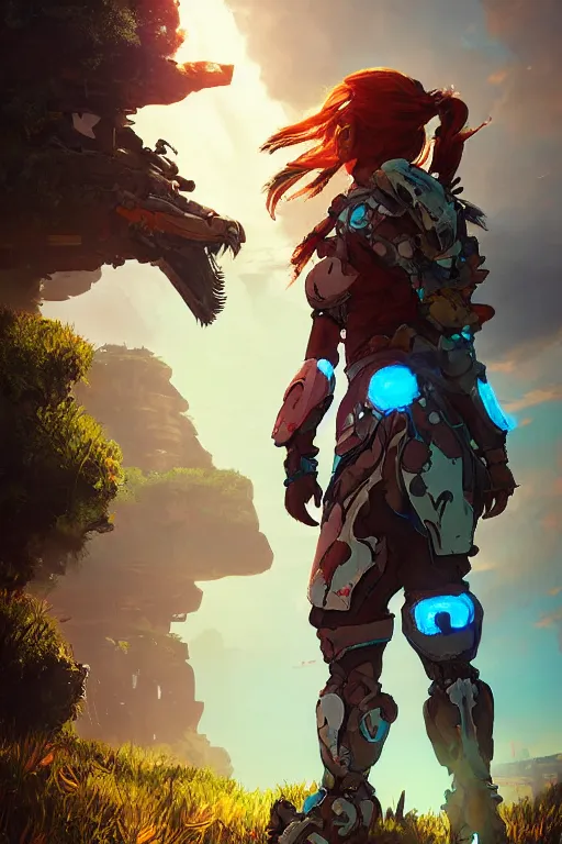 Image similar to combination suit armor aloy horizon forbidden west horizon zero dawn radiating a glowing aura global illumination ray tracing hdr fanart arstation by ian pesty and alena aenami artworks in 4 k tribal robot ninja mask helmet backpack