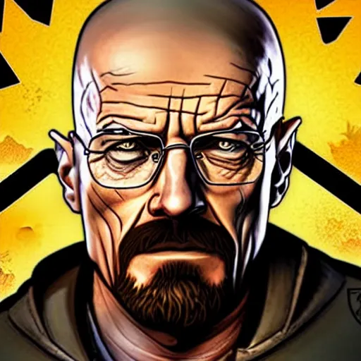 Prompt: Walter White as a Borderlands 2 character, drug dealer, game box cover art