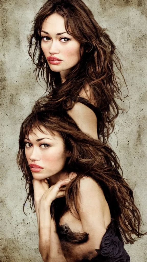 Prompt: photocollage rancid detailed portrait of olga kurylenko