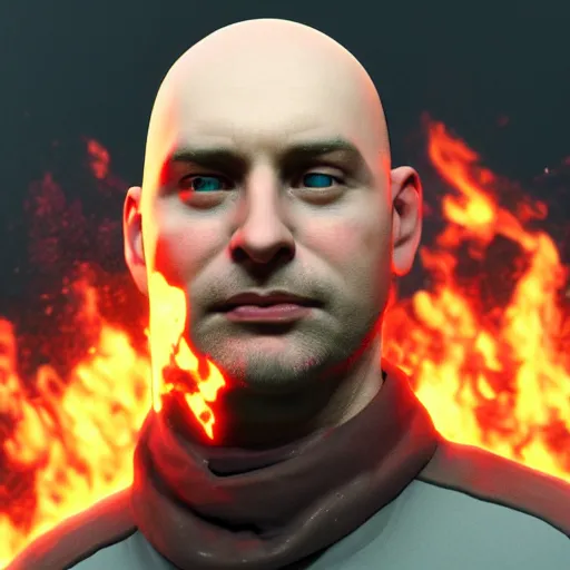 Image similar to an artstation trending portrait painting of a bald english man standing in front of a building on fire, octane render