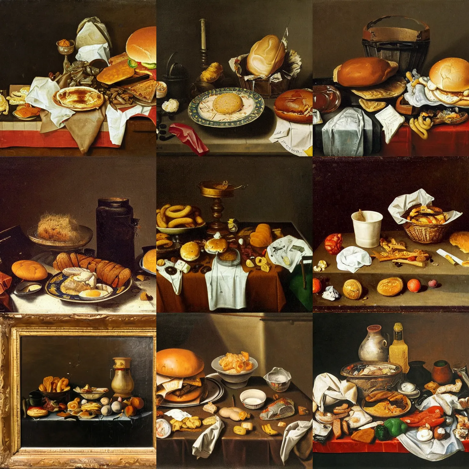 Prompt: Messy McDonald's Table with food and trash, Dutch Still Life of the 1600s, oil painting
