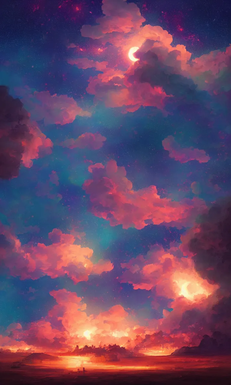 Image similar to a beautiful painting of fire sea, starry sky, moon, cloud, by liam wong and yuumei and yanjun chen, trending on artstation