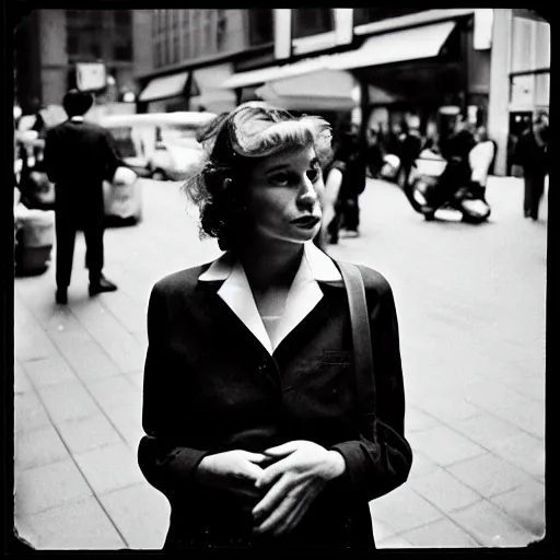 Prompt: analog fine art street photography by vivien maier, on madison avenue. american street photography style. candid. marquee lights glow in the background. flimic. rolleiflex 3. 5 f. symmetrical balence. in - frame