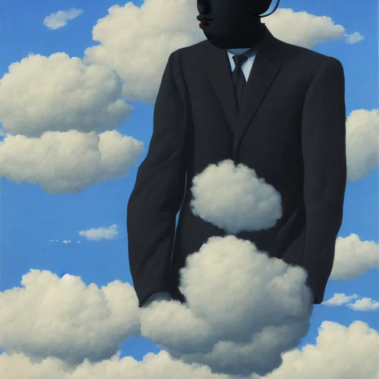 Image similar to portrait of a faceless shadow - head man in a suit, clouds in the background, by rene magritte, detailed painting, distance, middle centered, hd, hq, high resolution, high detail, 4 k, 8 k