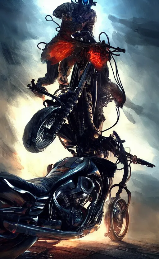 Image similar to dead as ghost rider, dynamic lighting, photorealistic fantasy concept art, trending on art station, stunning visuals, terrifying, creative, cinematic