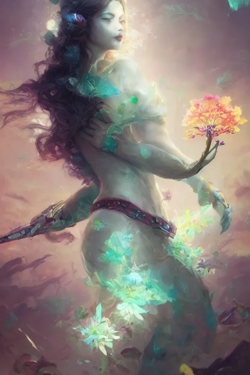 Prompt: a beautiful girl surounded by coral reef and fractal, 3 d render, hyper realistic detailed portrait, holding magic flowers, ruan jia, wlop. scifi, fantasy, hyper detailed, octane render, concept art, by peter mohrbacher, by wlop, by ruan jia